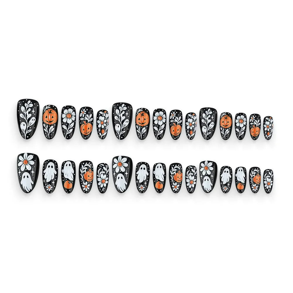 24pcs Halloween Press on Nails Sweet & Cool Jack-o'-Lantern Fake Nail Short Almond Cute & Cuddly Ghost False Nail for Women&Girl