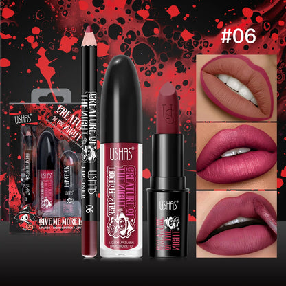 Long Lasting Velvet Lipstick Set Matte Non Transfer Waterproof Lip Gloss Liner Combo High Color Intensity Halloween Makeup