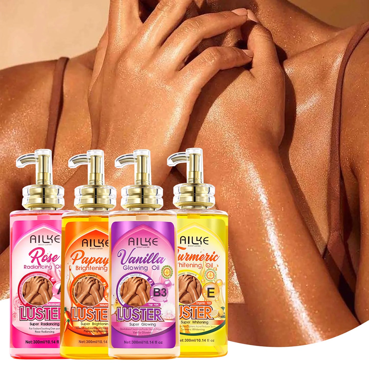 AILKE Whitening Body Oil, Moisturizing, Nourishing, Glowing, Brighten, Smooth Skin, Reduce Dark Spots, For All Skin Types, 300ml