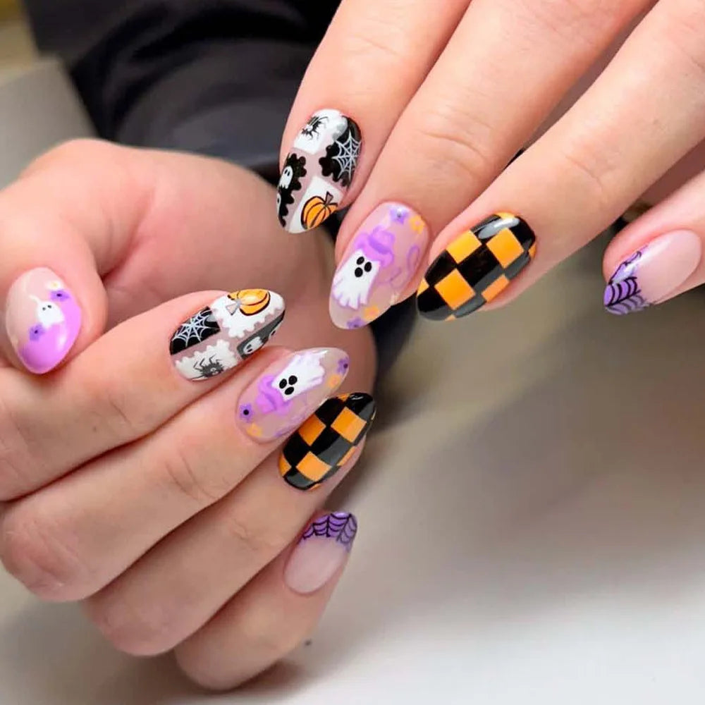 24pcs Halloween Press on Nails Sweet & Cool Jack-o'-Lantern Fake Nail Short Almond Cute & Cuddly Ghost False Nail for Women&Girl