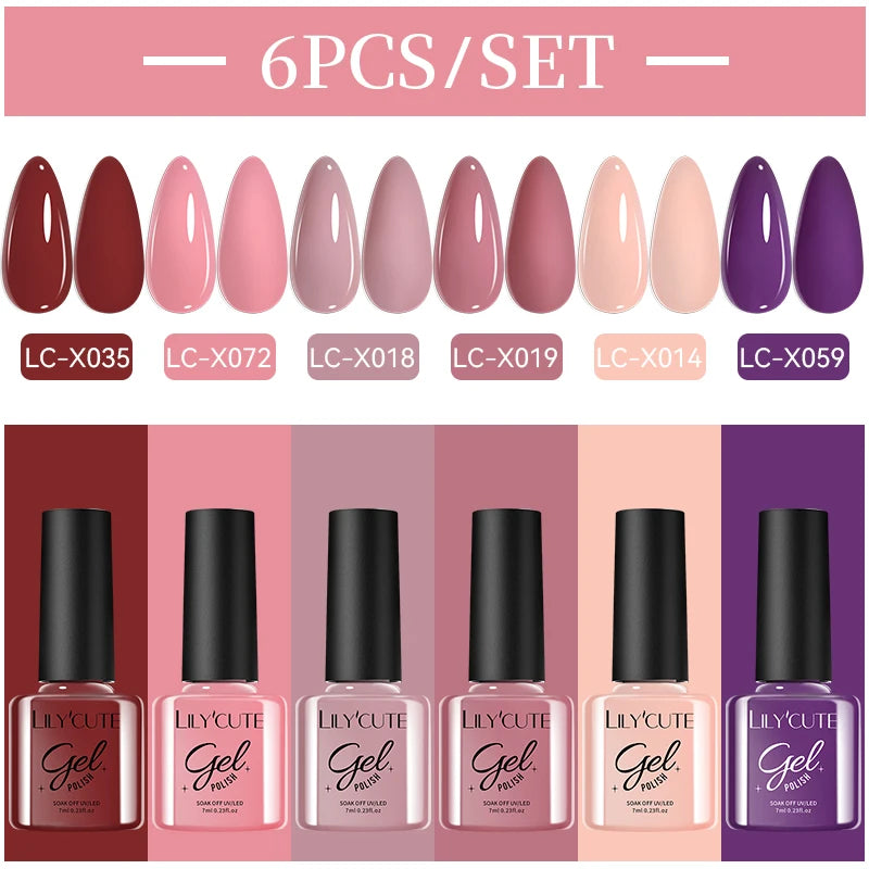 LILYCUE 6Pcs/Set Red Nude Glitter Gel Nail Polish Gorgeous Full Coverage Soak Off UV Gel Nail Art Base Top Coat Gel Polish Kits
