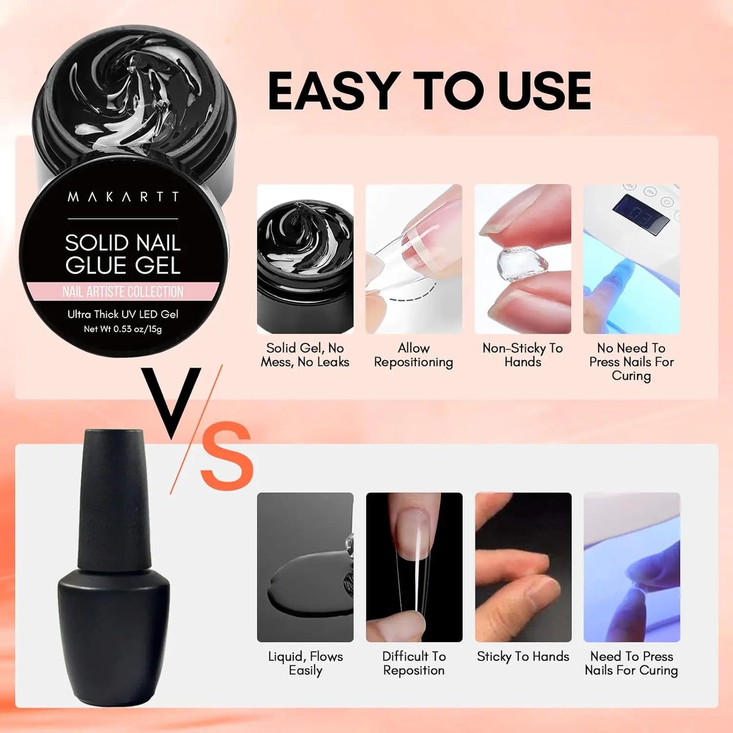 Makartt Solid Nail Gel for Acrylic Nail Tips Glue Gel Curing Needed UV Cured for Press On Nails Fake Nails Solid Nail Adhesive