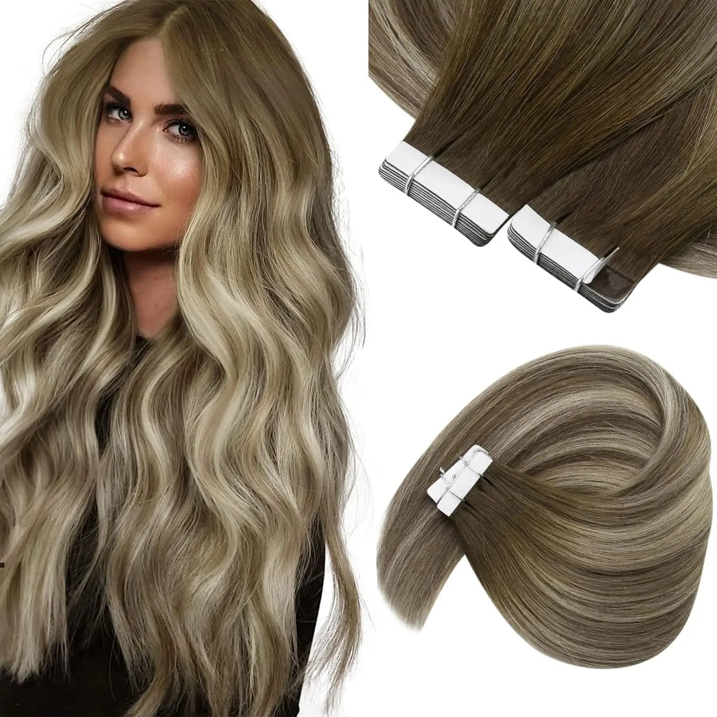 [NEW]VeSunny Tape In Hair Extensions Human Hair Real Natural Hair Balayage Color #4-14-60 Skin Weft Straight Seamless Hair