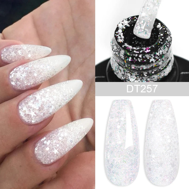 MEET ACROSS 7ml Rubber Base Gel Glitter Nude Pink White 2 In 1 Gel Nail Polish Nail Art Varnish For Nails Winter Autumn Manicure