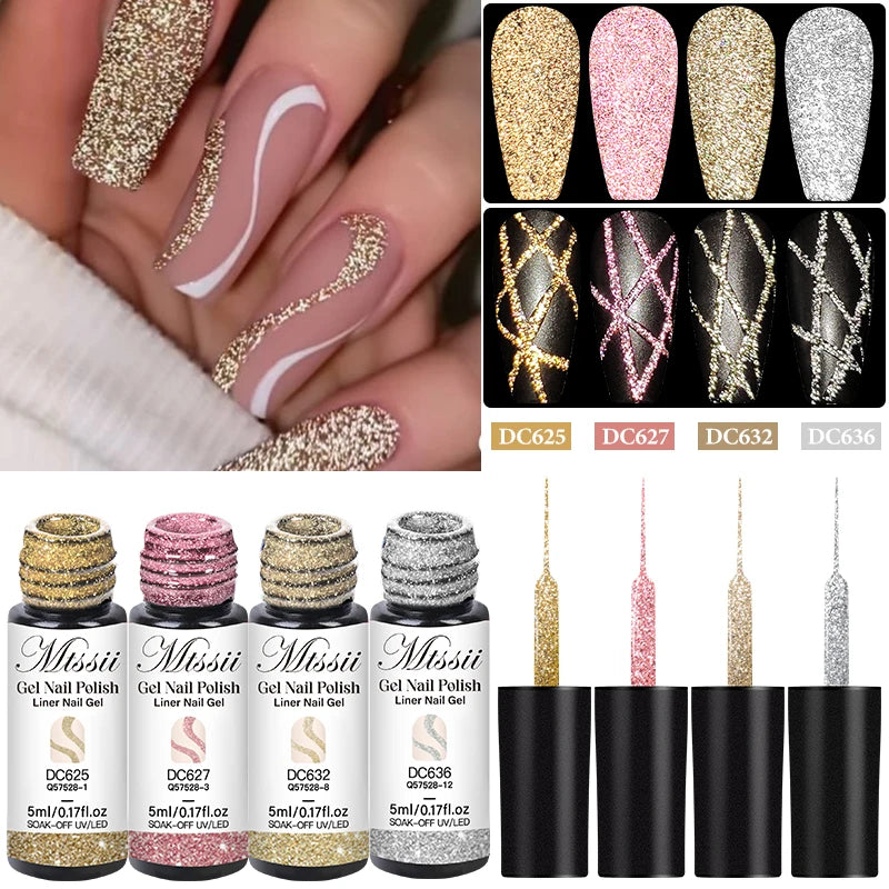 2/4/6pcs Reflective Glitter Liner Gel Nail Polish Set Pull Line Graffiti Painting Stripe DIY French Nails Design Painting Gel