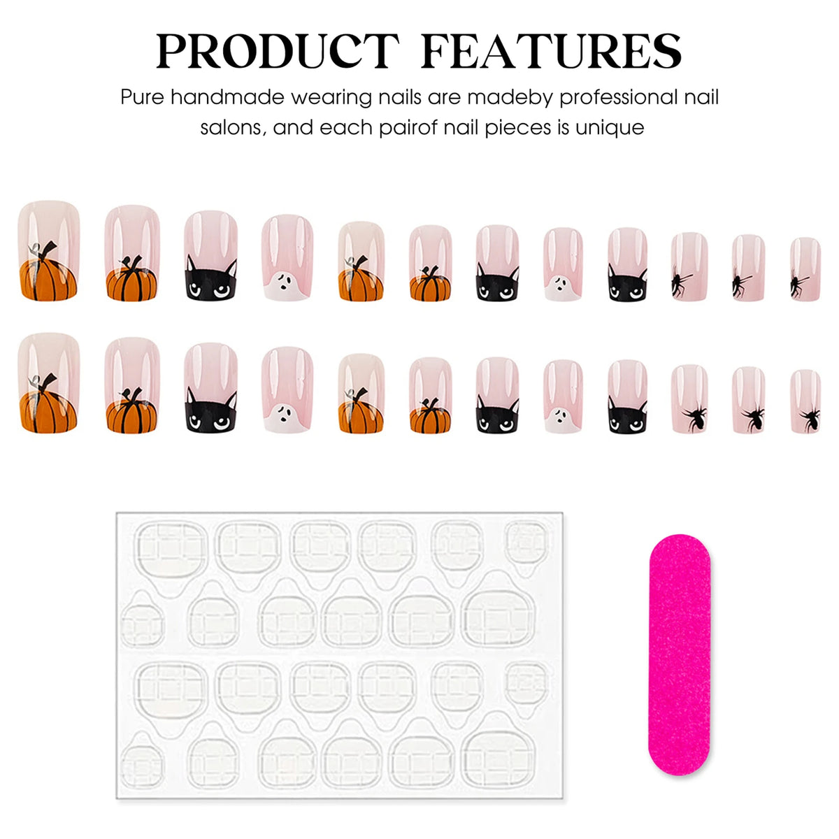 24pcs Halloween Cute Cartoon French Fake Nails Nude Pink Square Press On Nails With Pumpkin Ghost Designs Professional Nail Art