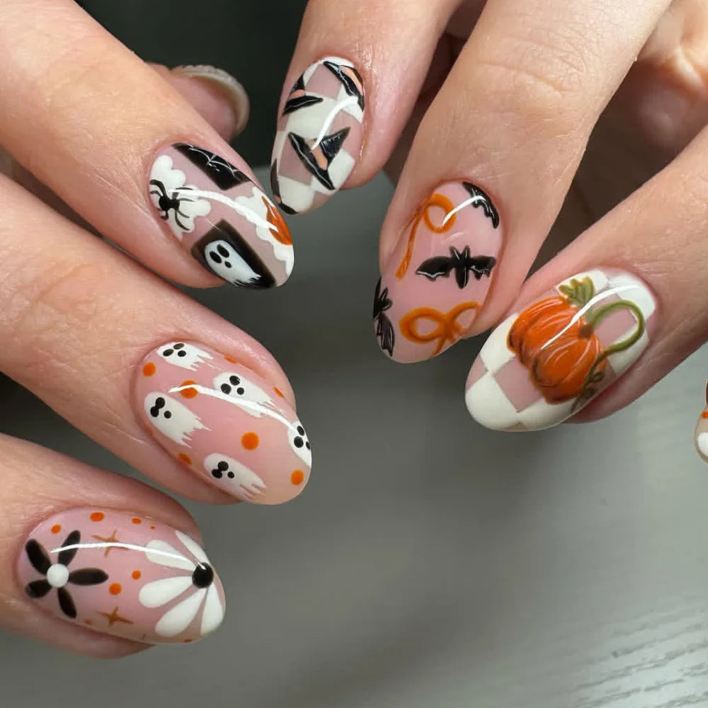 24pcs Halloween Press on Nails Sweet & Cool Jack-o'-Lantern Fake Nail Short Almond Cute & Cuddly Ghost False Nail for Women&Girl