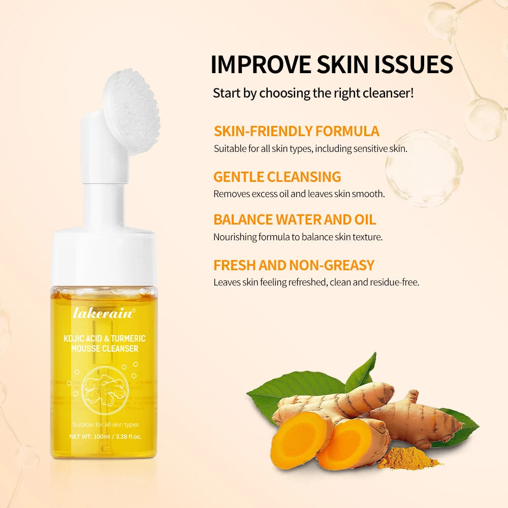 Lakerain 100ml Turmeric Cleansing Mousse Brightening Face Wash Foam Face Cleanser Oil Control Blackhead Remover Skin Cleansing