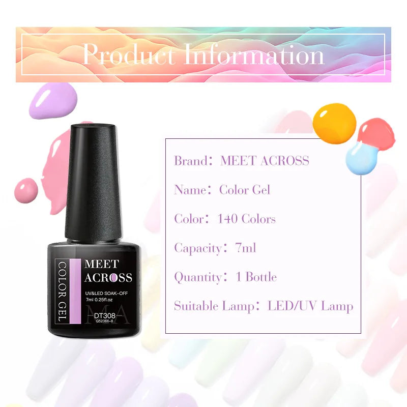 MEET ACROSS 7ml Purple Nail Gel Polish Semi Permanent Nail Art For Nails Decoration UV LED Painting Gel Varnish Nail Supplies