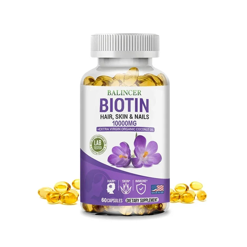Balincer Biotin Supplement with Organic Coconut Oil - Supports Keratin for Healthier Hair & Skin, 10,000mcg, 30/60/120 Softgels