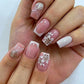 24Pcs Short Square Coffin False Nails Square Fake Nails with Glue French Glitter Wearable Acrylic Nails Set Press on Nail Tips