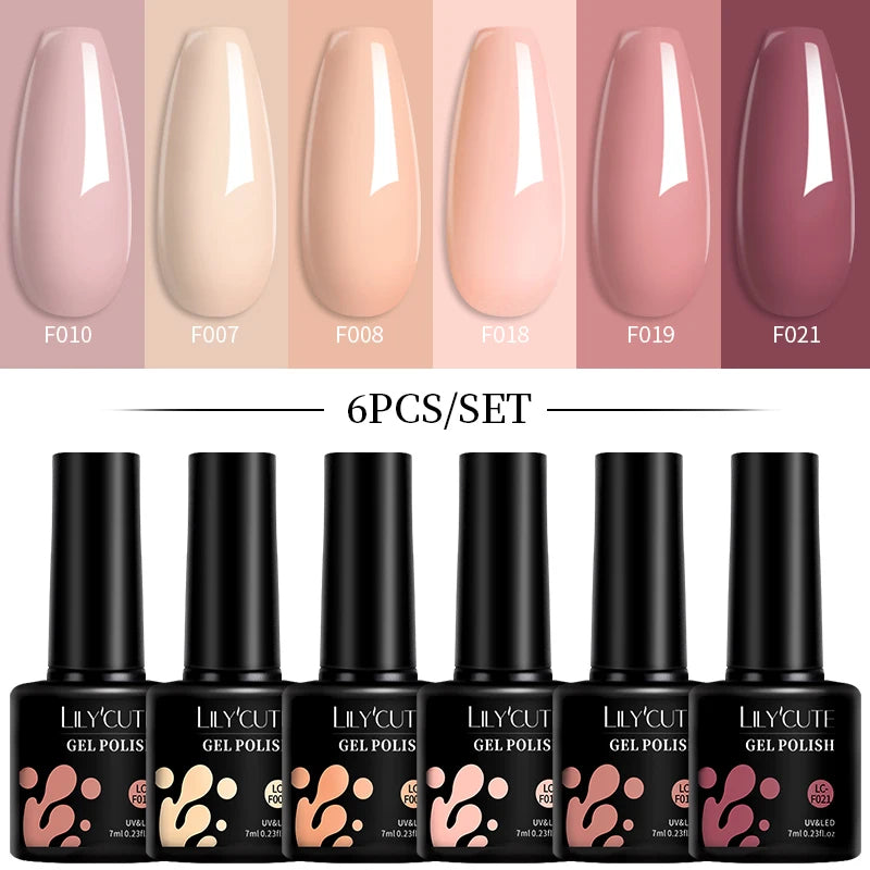 LILYCUE 6Pcs/Set Red Nude Glitter Gel Nail Polish Gorgeous Full Coverage Soak Off UV Gel Nail Art Base Top Coat Gel Polish Kits