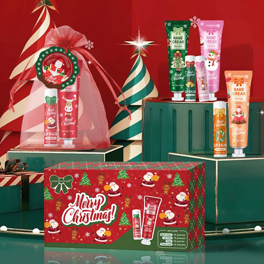 Christmas kit-10 sets/box hand cream kit, lip balm set, with Santa Card and red gift bag, party gift distribution
