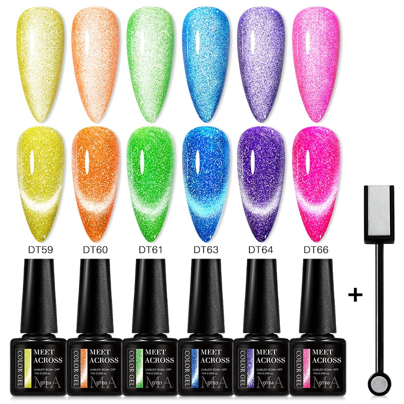 MEET ACROSS 7Pcs/Set Cat Magic Magnetic Gel Nail Polish Sparking Semi-Transparent Sea Blue Effect Soak Off UV Gel Varnish Kit