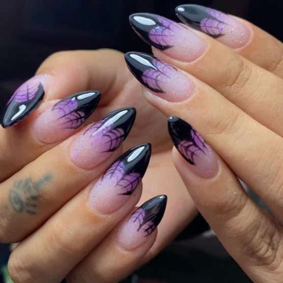 24pcs Halloween Blood French Fake Nail Tips Sweet Cool Bat Skeleton Pattern Round Almond Press on Nails Spider Web False Nail