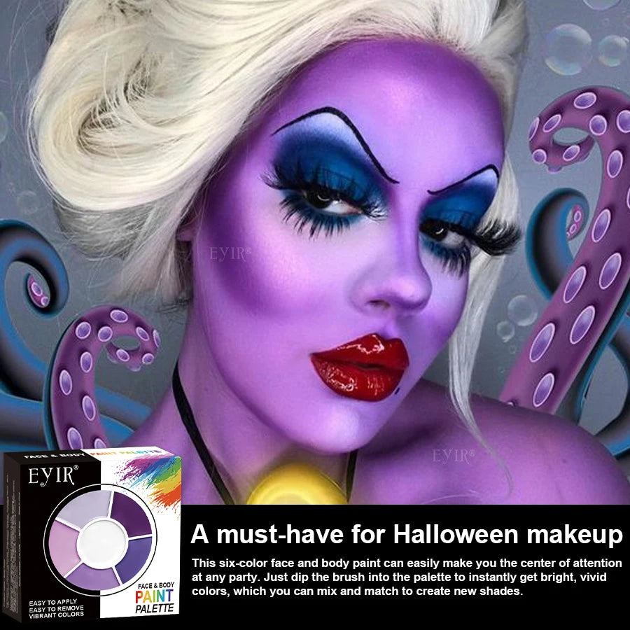 6 Colors Purple Face Body Paint Palette Water Activated SFX Makeup Kit With Brush Cosplay Halloween Party Festival Painting Set