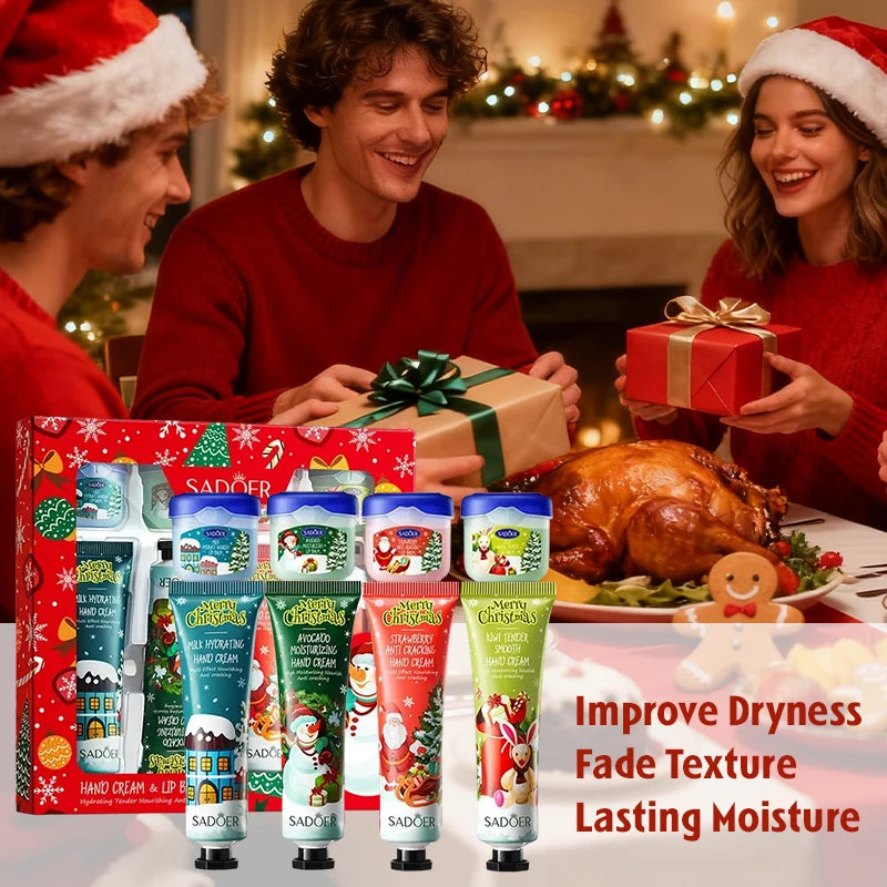Christmas Hand Cream and Lip Balm Set, 4 hand creams and 4 lip balms, nourishing lip mask, moisturizing formula, gentle care