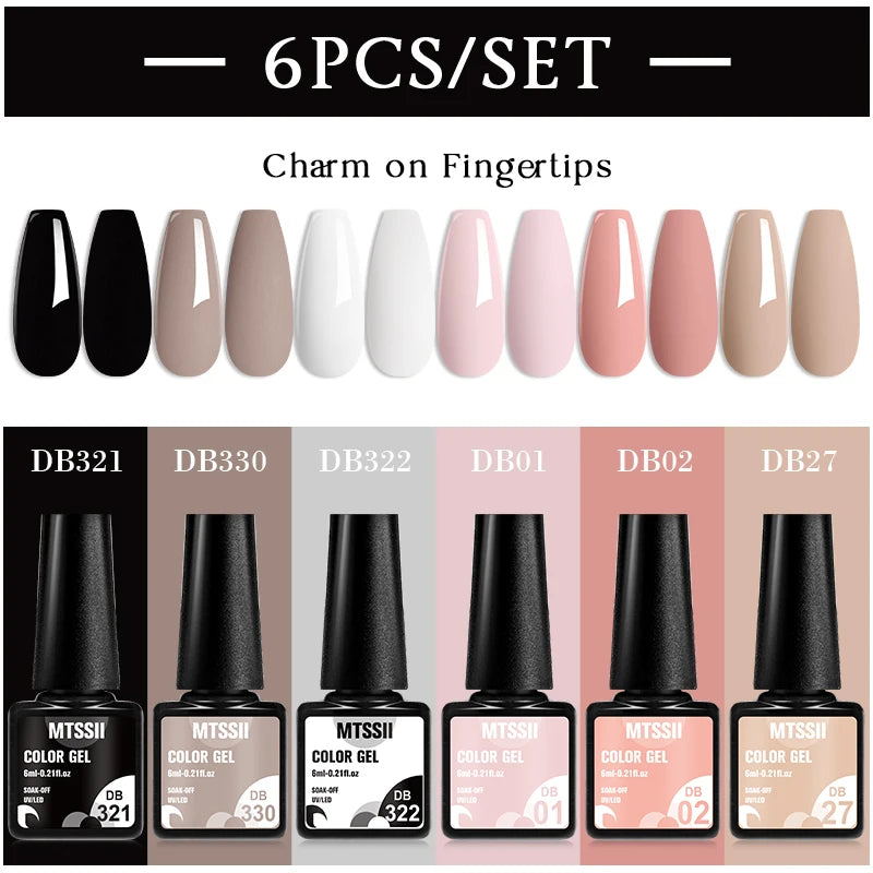 Mtssii 6PCS/Set Sparkly Nude Pink Gel Nail Polish Glitter Semi Permanent Nail Art LED UV Soak Off Gel Varnish Nail Supplies