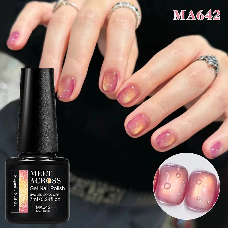 MEET ACROSS Guava & Grape Color Cat Magnetic Gel Green Glass Bead Cat Eye Gel Soak Off UV Gel Nail Art Varnish Salon Home DIY