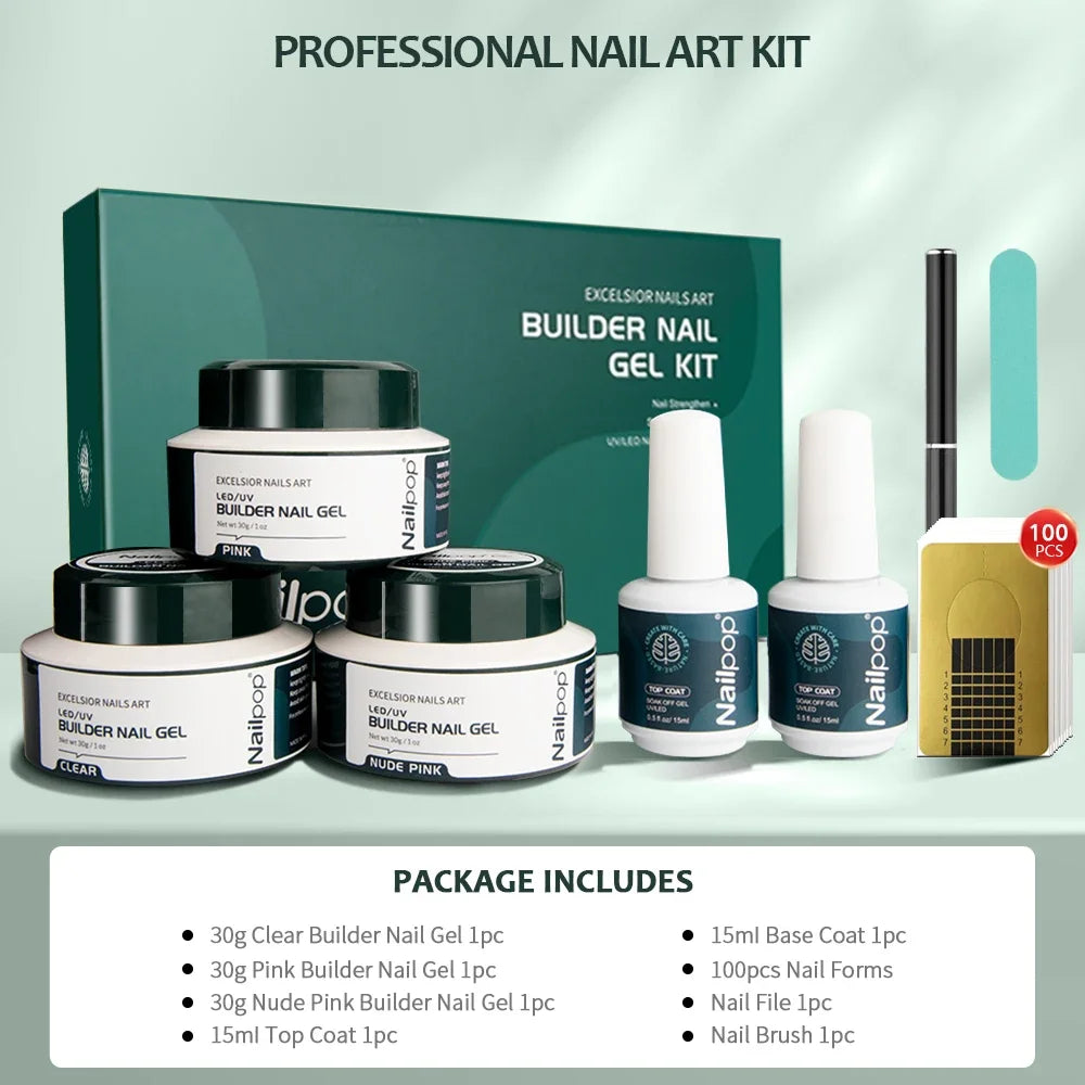Nailpop 3 Colors Builder Nail Gel Kit Clear Nudes Pink Gel 30g Nail Art Manicure Set for Nails Extension Set with Base Top Coat