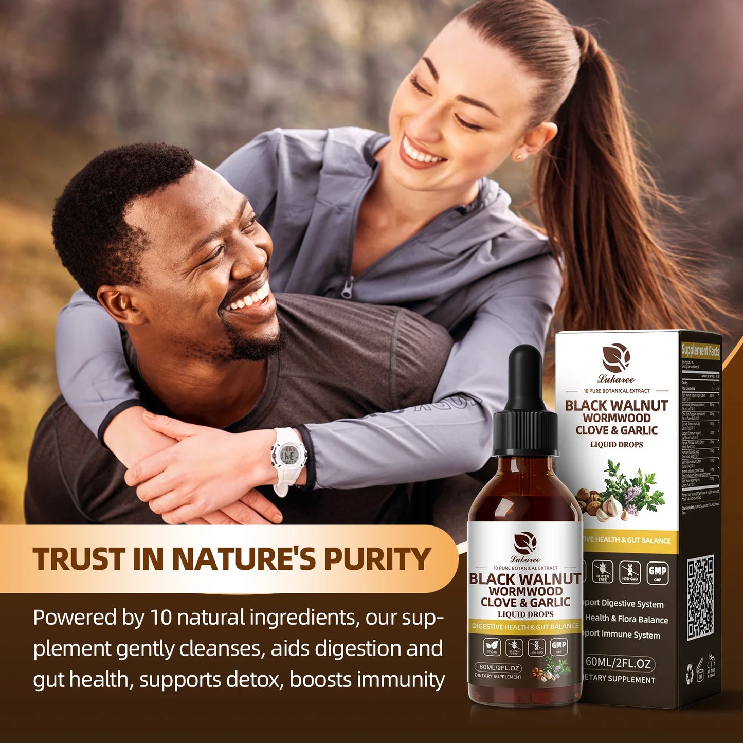 Lukaree 60ML Black Walnut  Drop with Wormwood Clove & Garlic Support Digestion and Immune Health, Detoxify the Body Antioxidant