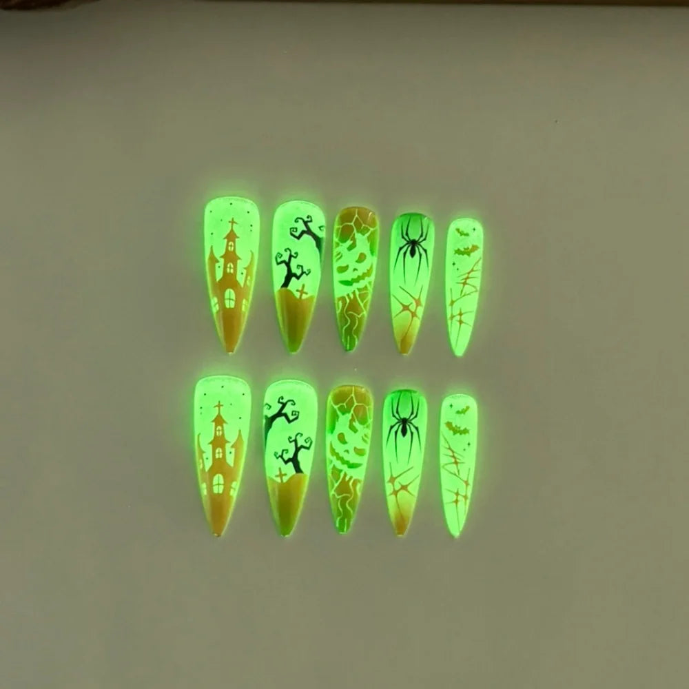 96Pcs Luminous Halloween Press On Nails Stiletto Ghost Skull Spider False Nail Acrylic Nail Art Cosplay Costume Party Night Club