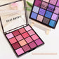 16-Color Eyeshadow Palette: Koi, Mermaid, Enchanted Forest, with pearlescent, matte, and fine shimmer finishes.