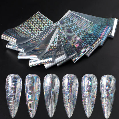 10pcs Holographic Chrome Silver Nail Art Foil Transfer Stickers Irridescent Rainbow Geometric Aurora Laser Nail Foils Decoration