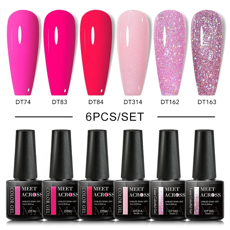 MEET ACROSS 6Pcs Gel Nail Polish Set Pink Red Green Macaron Color Manicure Kit For Nails UV Gel Nail Art Varnish Nail Supplies