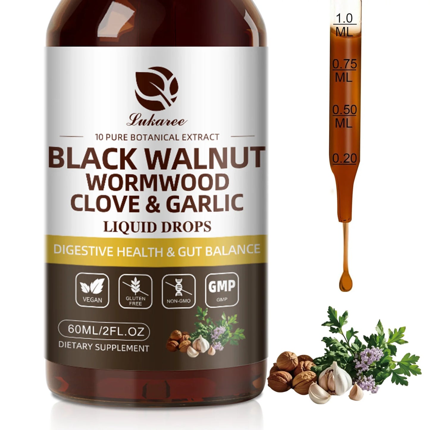 Lukaree 60ML Black Walnut  Drop with Wormwood Clove & Garlic Support Digestion and Immune Health, Detoxify the Body Antioxidant