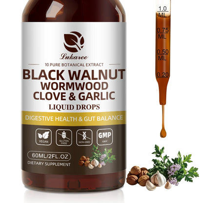 Lukaree 60ML Black Walnut  Drop with Wormwood Clove & Garlic Support Digestion and Immune Health, Detoxify the Body Antioxidant