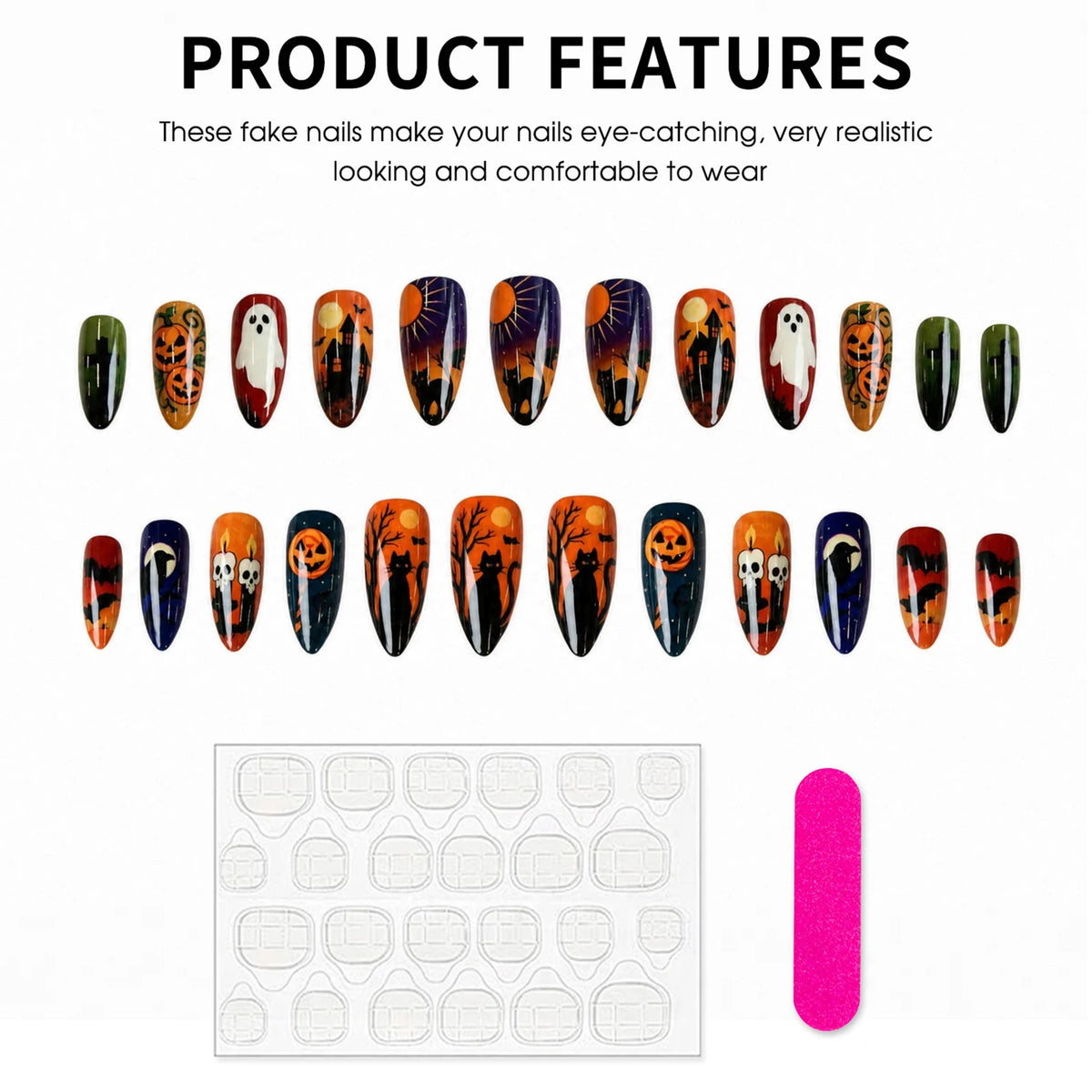 24pcs Halloween Style Press On Nails Dusk Series Glossy Almond False Nails With Horror Pumpkin Ghost Black Cat Designs Fake Nail