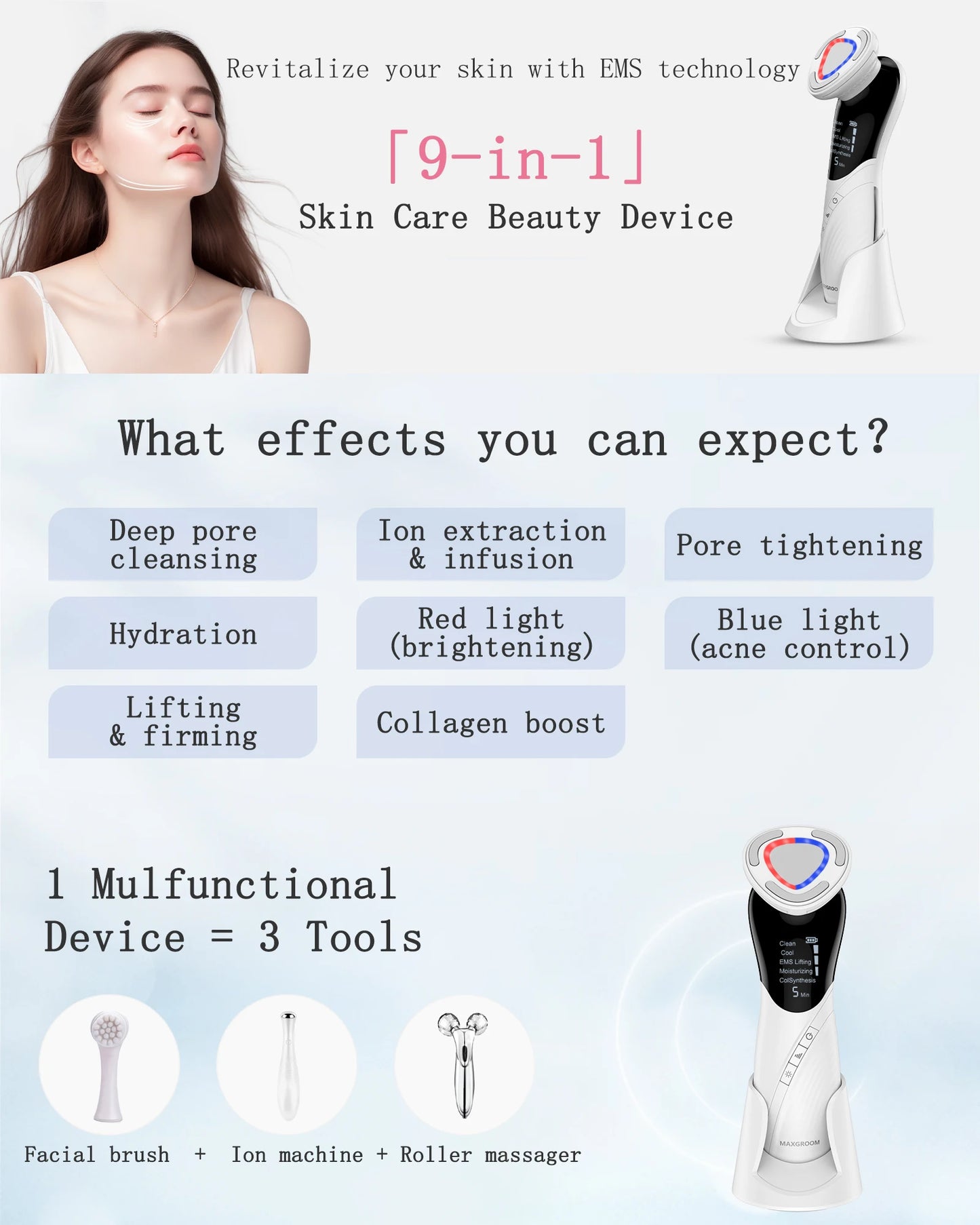 MAXGROOM EMS Facial Massager Face Lifting LED Photon Deep Clean Eye Skin Wrinkle Removing Heat Vibration Skincare Beauty Device