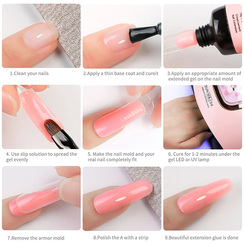12pcs/set Extension Gel Nail Art Semi Permanent Acrylic Glitter Fluorescent Nude Colorful Fast Building Hybrid Varnish UV Nails