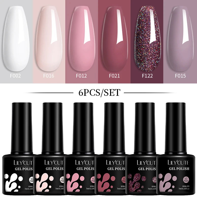 LILYCUE 6Pcs/Set Red Nude Glitter Gel Nail Polish Gorgeous Full Coverage Soak Off UV Gel Nail Art Base Top Coat Gel Polish Kits