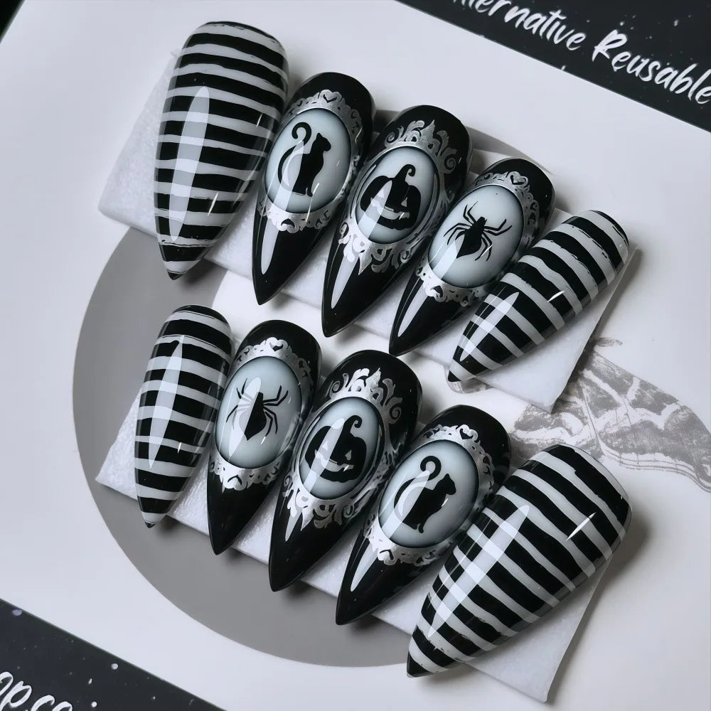 30pcs Gothic Purple Almond Press On Nails for Halloween Spider Wed Pattern Decor Fake nail tips Wearing Spicy Girls False Nails