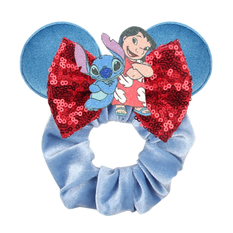 Disney Mouse Ears Velvet Scrunchies Hairband Women Elastic Ponytail Holder Girls Sequin Bow 2023 Kids Party DIY Hair Accessories