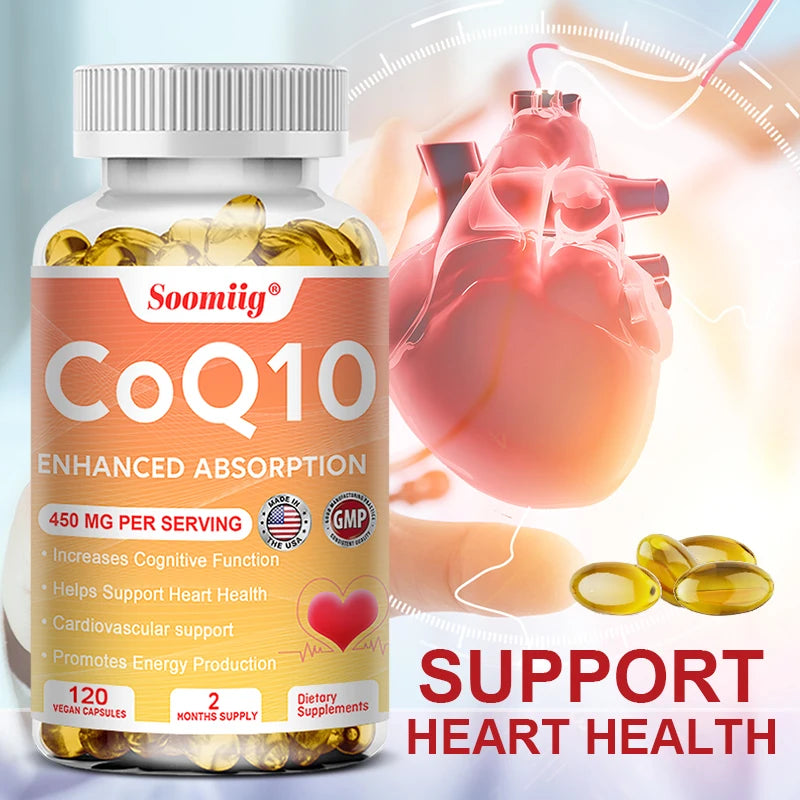 120pcs Q10 Coenzyme 450mg Capsules Cardiovascular and Heart Health Energy Vitamins Beauty and Health, Promote Blood Circulation