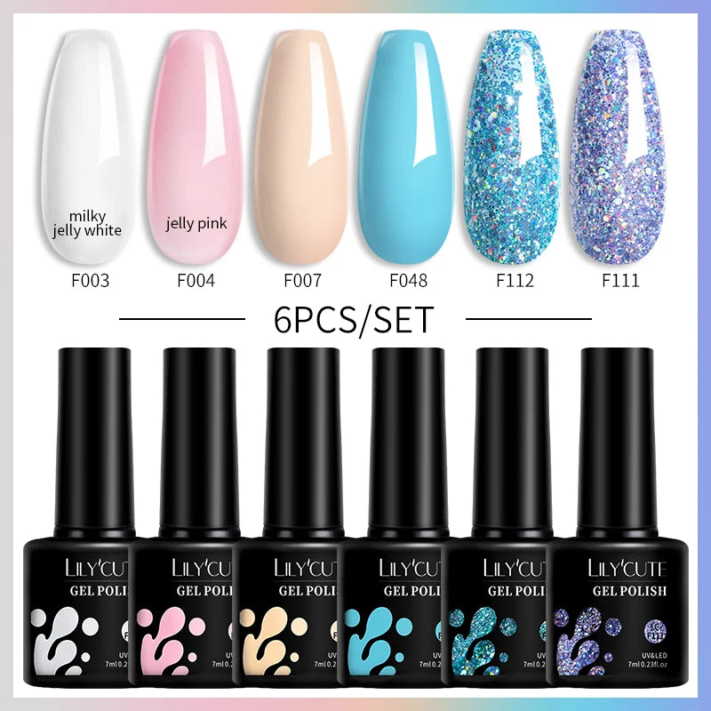 LILYCUTE 6PCs/Set Gel Nail Polish Set Kit Glitter Nail Gel Sequin Vernis Semi Permanent For Manicure Varnish UV LED Nail Art Gel