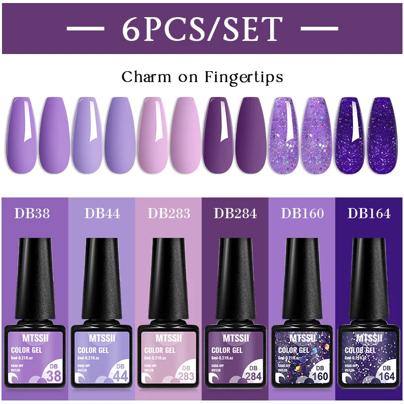 Mtssii 6PCS/Set Sparkly Nude Pink Gel Nail Polish Glitter Semi Permanent Nail Art LED UV Soak Off Gel Varnish Nail Supplies