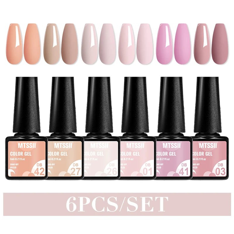 Mtssii 6PCS/Set Sparkly Nude Pink Gel Nail Polish Glitter Semi Permanent Nail Art LED UV Soak Off Gel Varnish Nail Supplies
