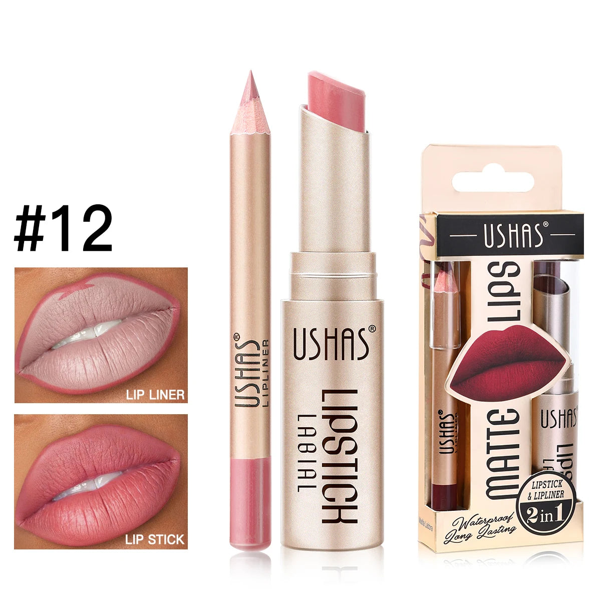 USHAS 12 Color Matte Lipstick Set Long-lasting Waterproof Lipstick + Lip Liner Set Easy Coloring Non-Stick Cup Lip Makeup Suit