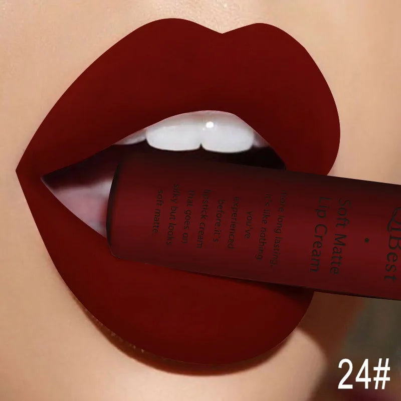 QIBEST Matte Liquid Lipstick Waterproof Lasting Velvet Lip Gloss Tint Tube Nude Pigment Red Black Purple Orange Lipsticks Makeup