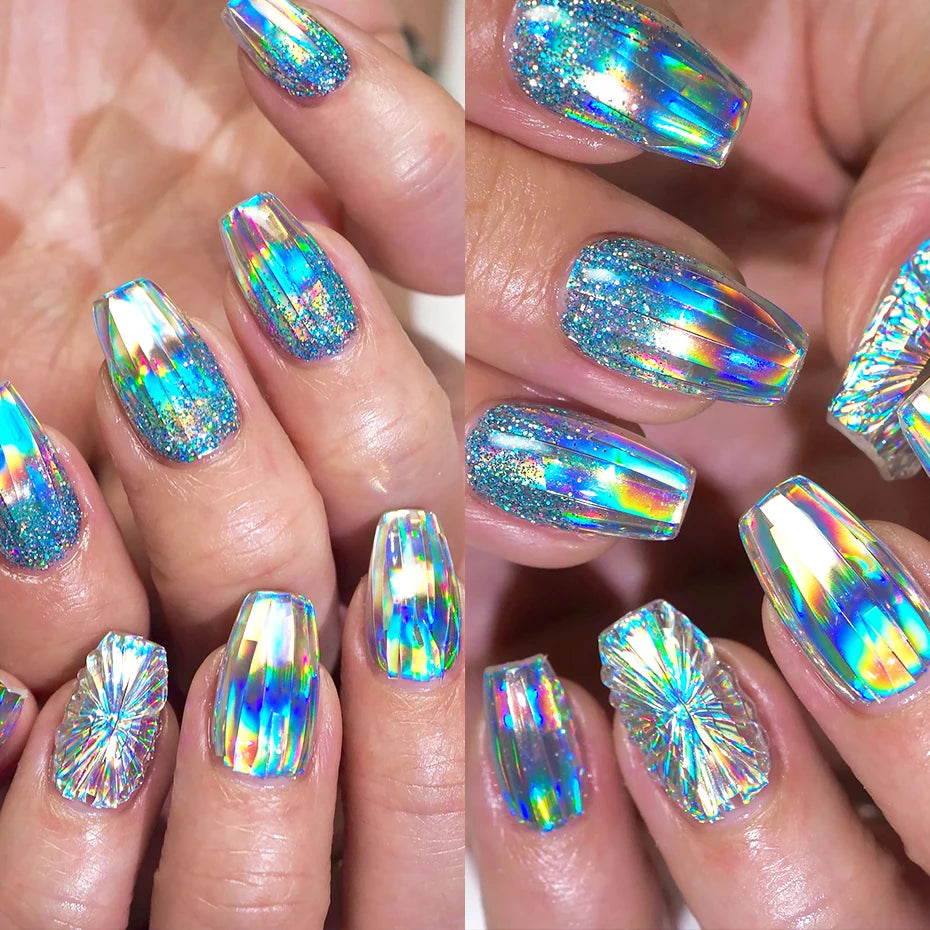 10pcs Holographic Chrome Silver Nail Art Foil Transfer Stickers Irridescent Rainbow Geometric Aurora Laser Nail Foils Decoration
