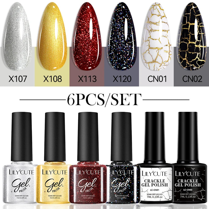 LILYCUE 6Pcs/Set Red Nude Glitter Gel Nail Polish Gorgeous Full Coverage Soak Off UV Gel Nail Art Base Top Coat Gel Polish Kits