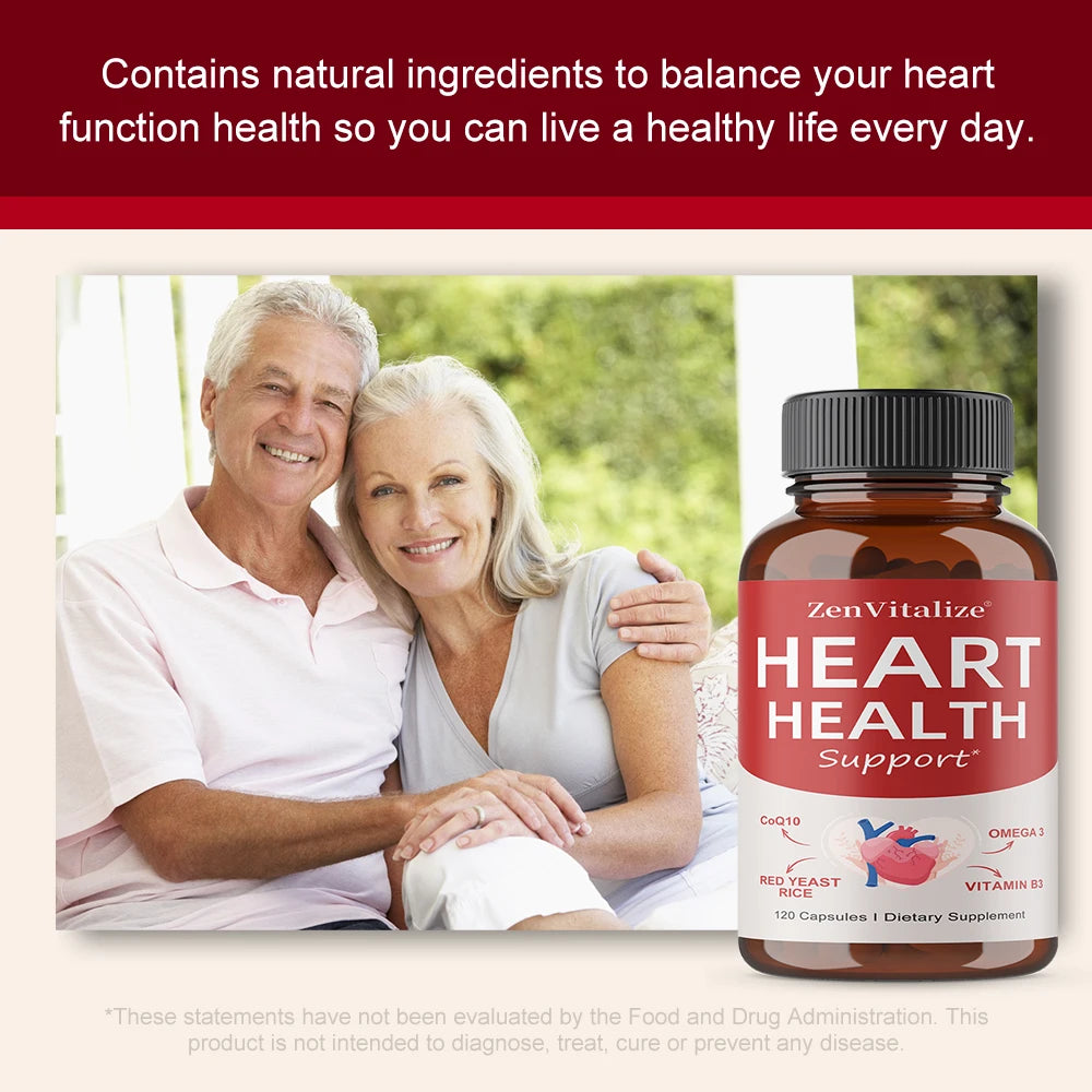 Heart Health Support Supplement - CoQ10, Omega 3, Red Yeast Rice, Vitamin B3, Promotes Healthy Cholesterol Levels - Non-GMO