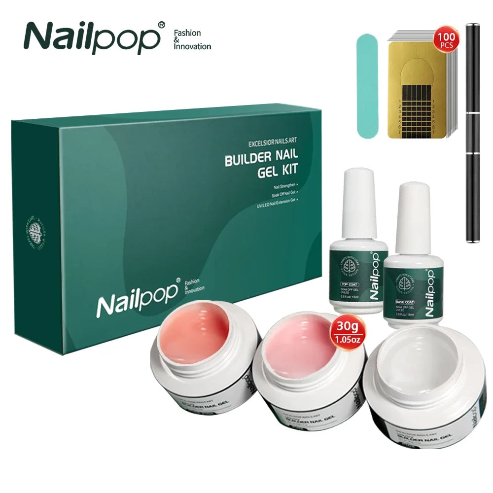 Nailpop 3 Colors Builder Nail Gel Kit Clear Nudes Pink Gel 30g Nail Art Manicure Set for Nails Extension Set with Base Top Coat