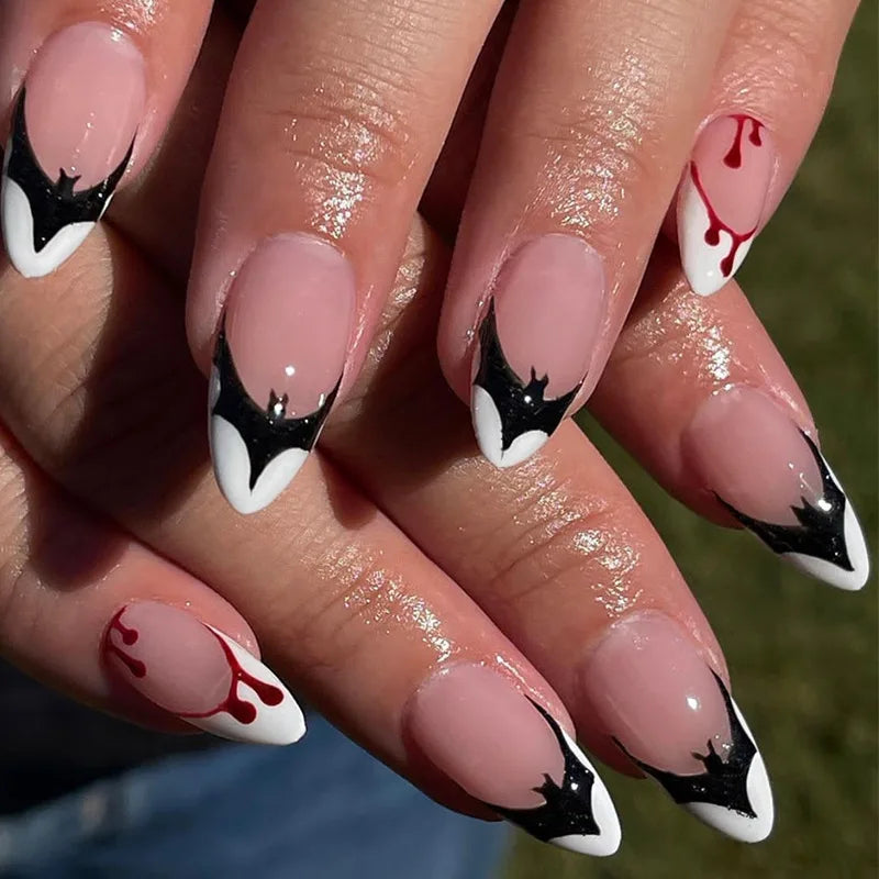 24pcs Halloween Blood French Fake Nail Tips Sweet Cool Bat Skeleton Pattern Round Almond Press on Nails Spider Web False Nail