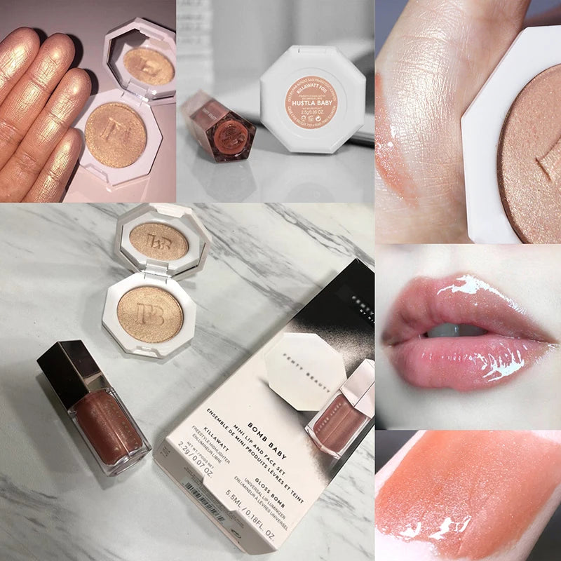 Fenty Diamond Bomb Baby 9ml Universal Lip Gloss and 2.5g Glitter Powder Highlighter Makeup Set for Lips and Face