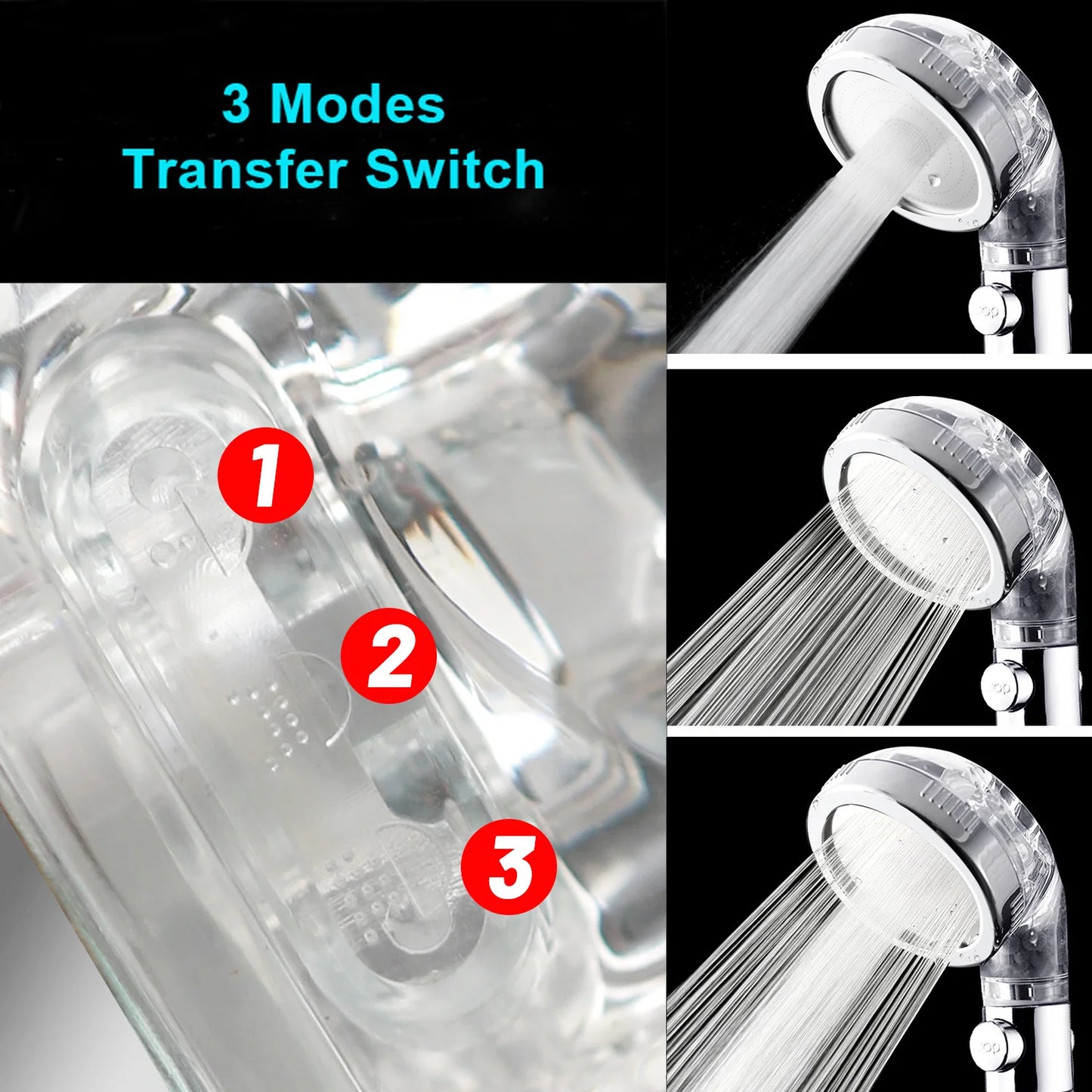 3 Modes Adjustable High Pressure Shower Head SPA Shower Water Saving Filter Balls Replaceable Switch Button One Key Stop Shower